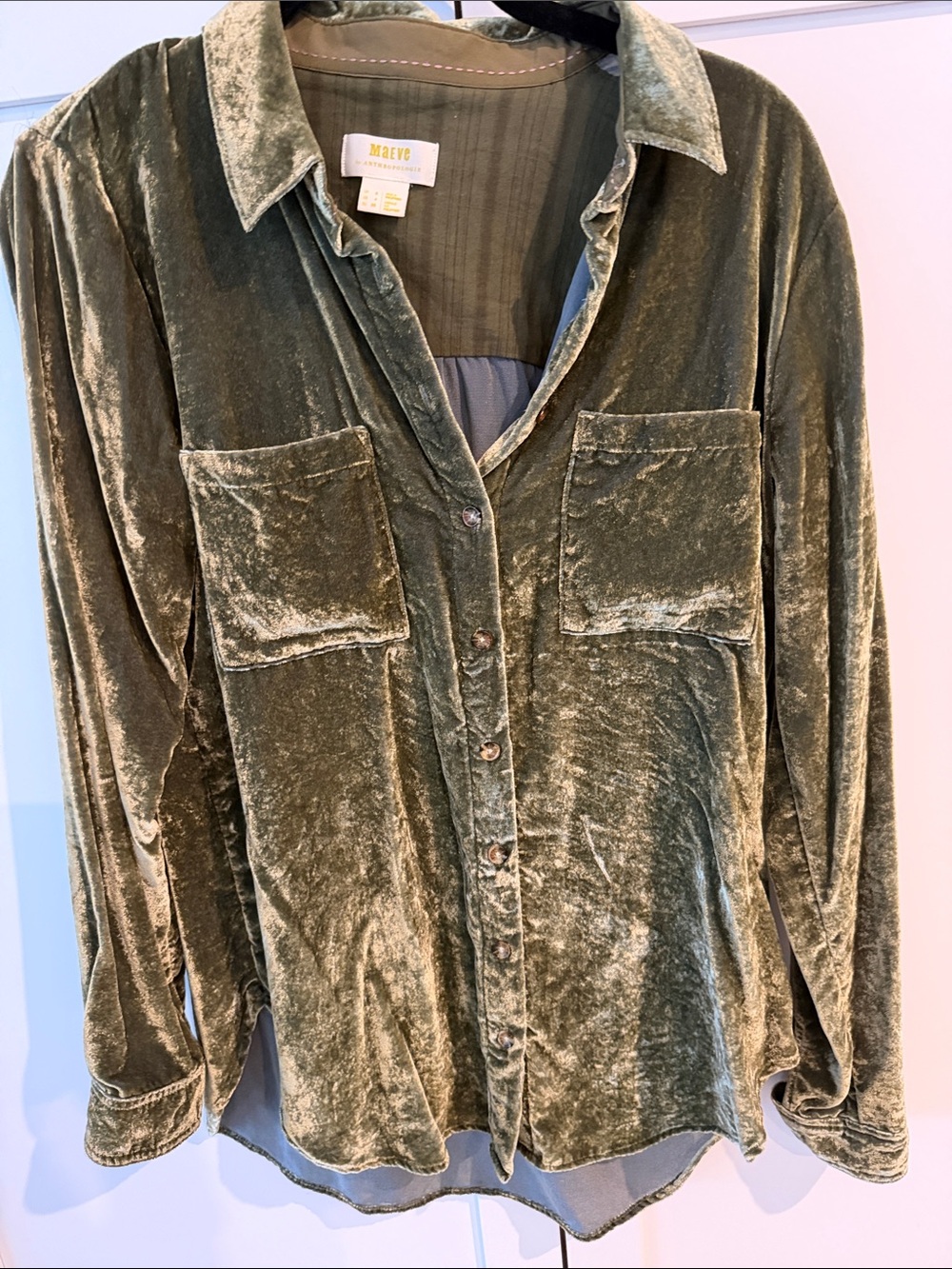 Maeve Olive Velvet Button-Up Shirt